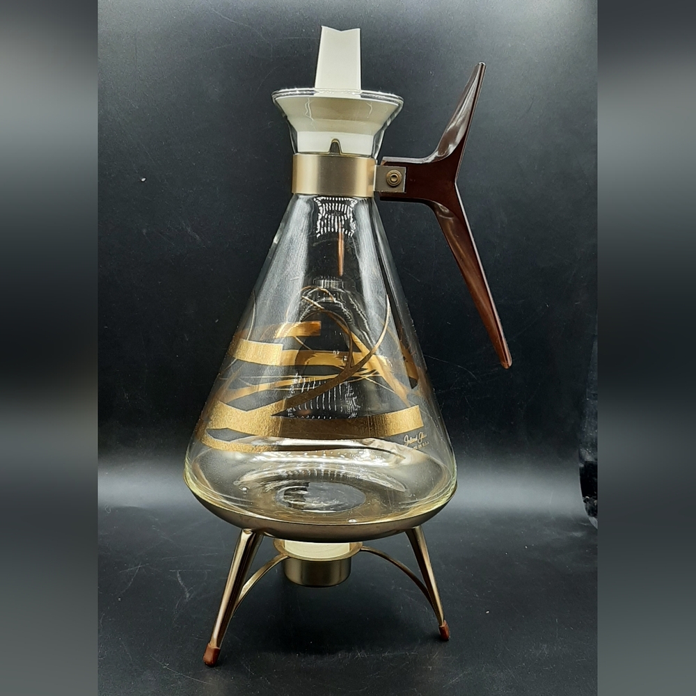 Vintage Inland Glass Atomic Glass Coffee Carafe With Lid & Candle Warmer Stand